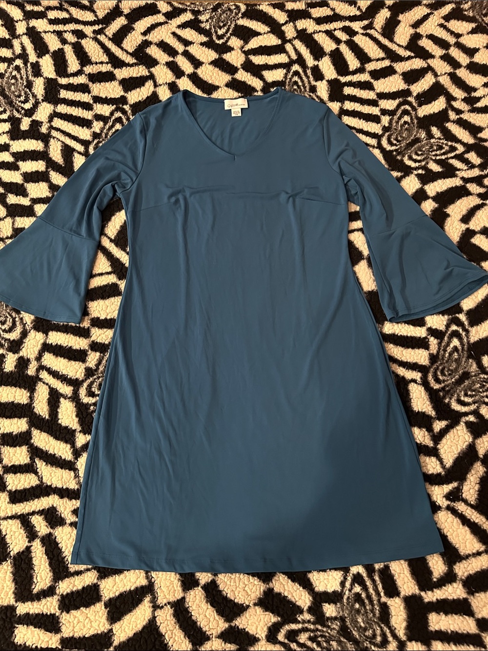Jaclyn Smith Teal Blue V-Neck Long Sleeve A-Line Dress